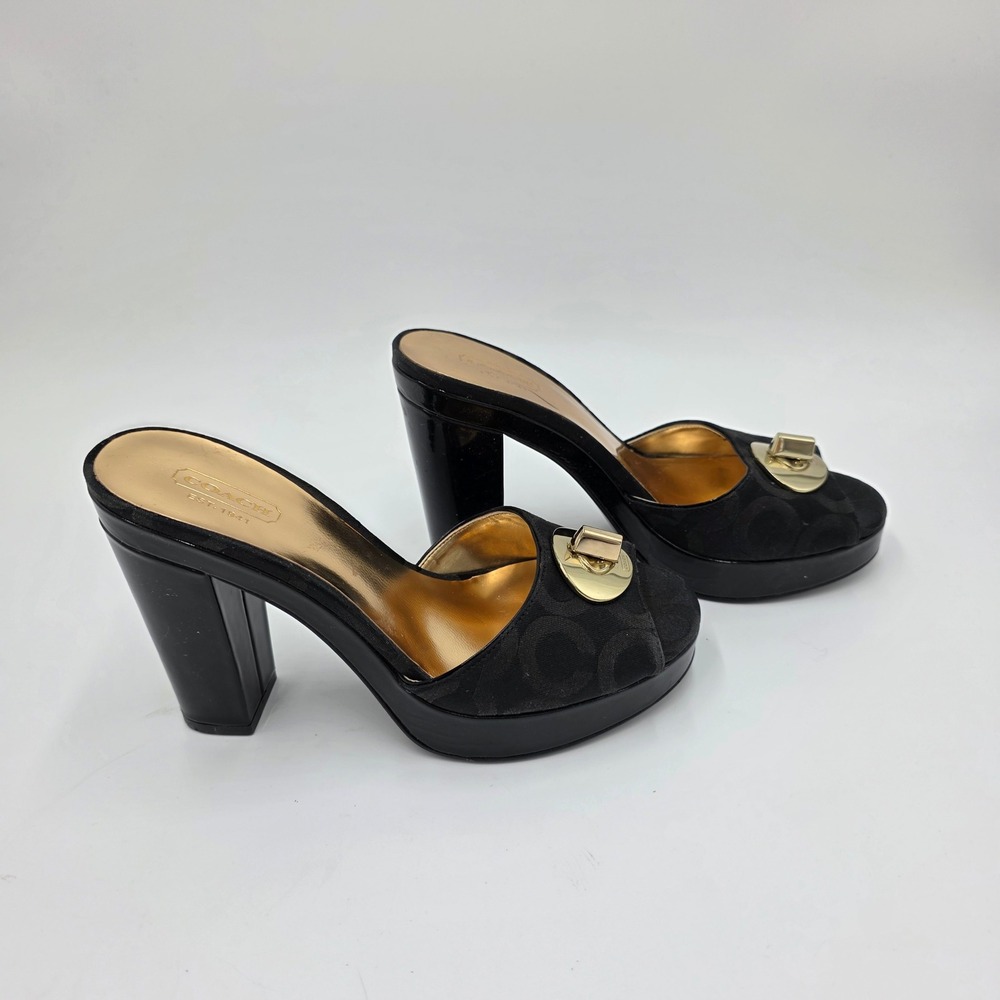Coach Womens Black Signature Jacquard Turnlock Platform Mules Block Heel Size 7B - Picture 3 of 8